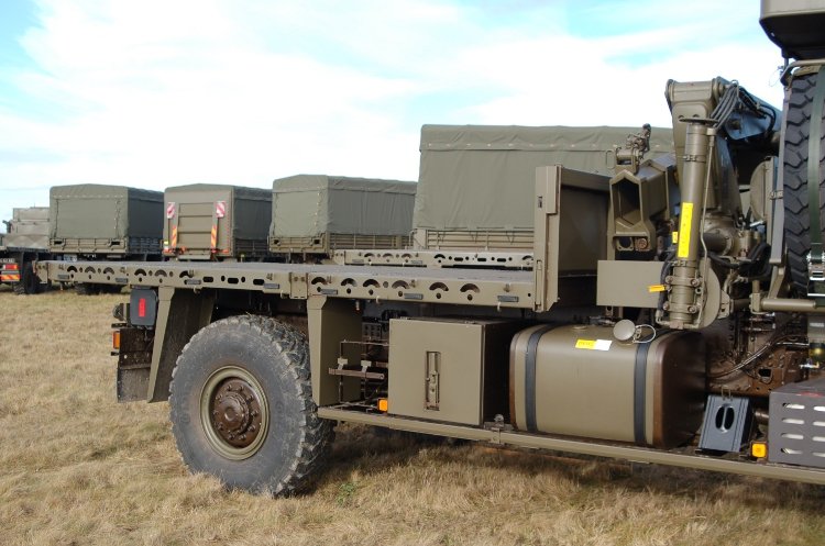 UK Support Vehicle with Marshall Land Systems load bed and integrtaed crane